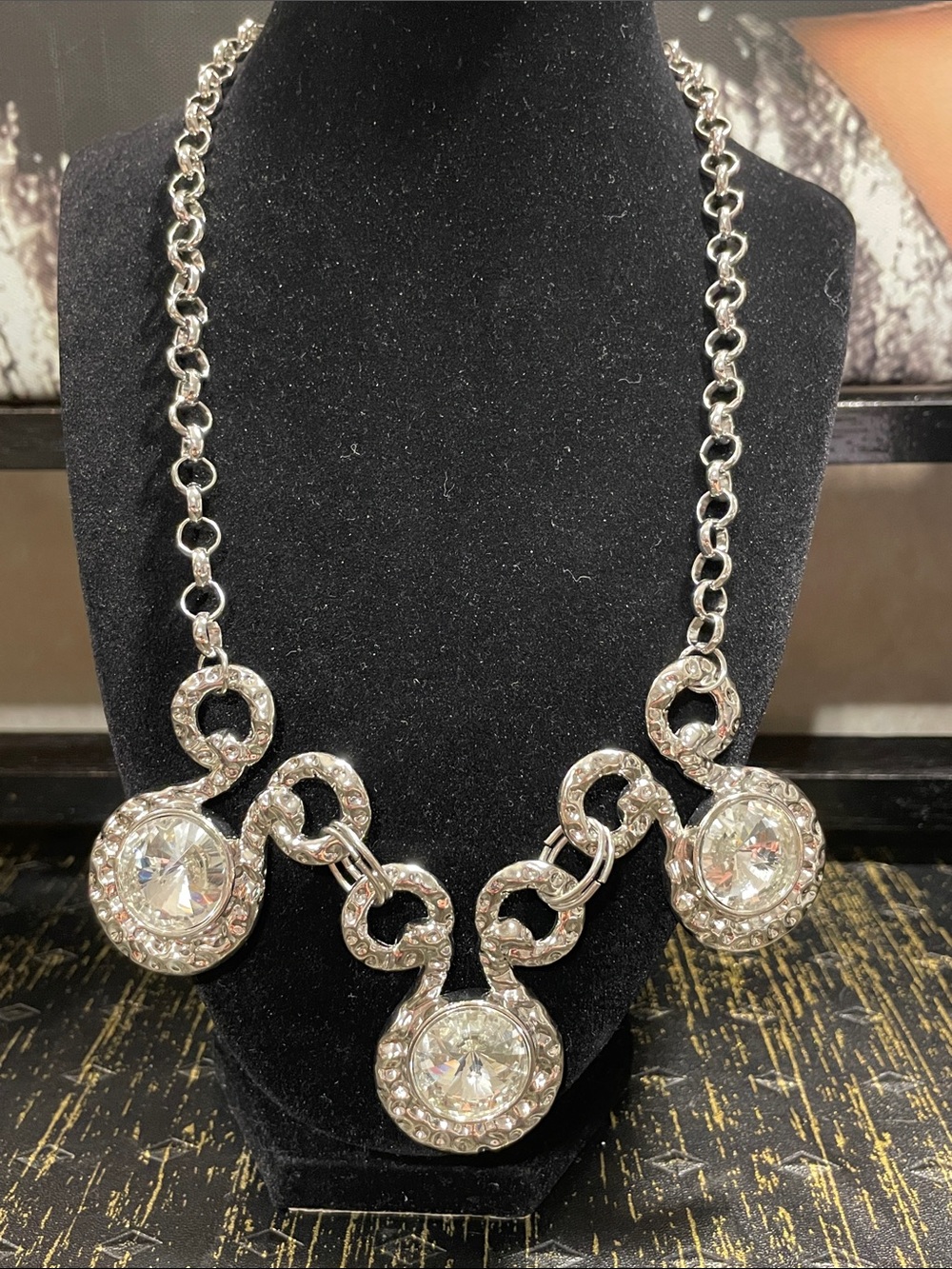 Silver Crystal Statement Necklace - Sparkling Circle Pendant